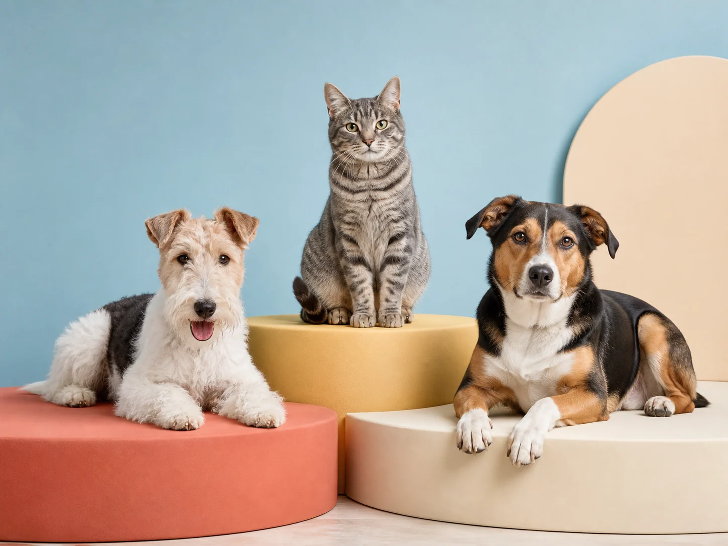 Trei animale de companie într-o scenă editorială luminoasă